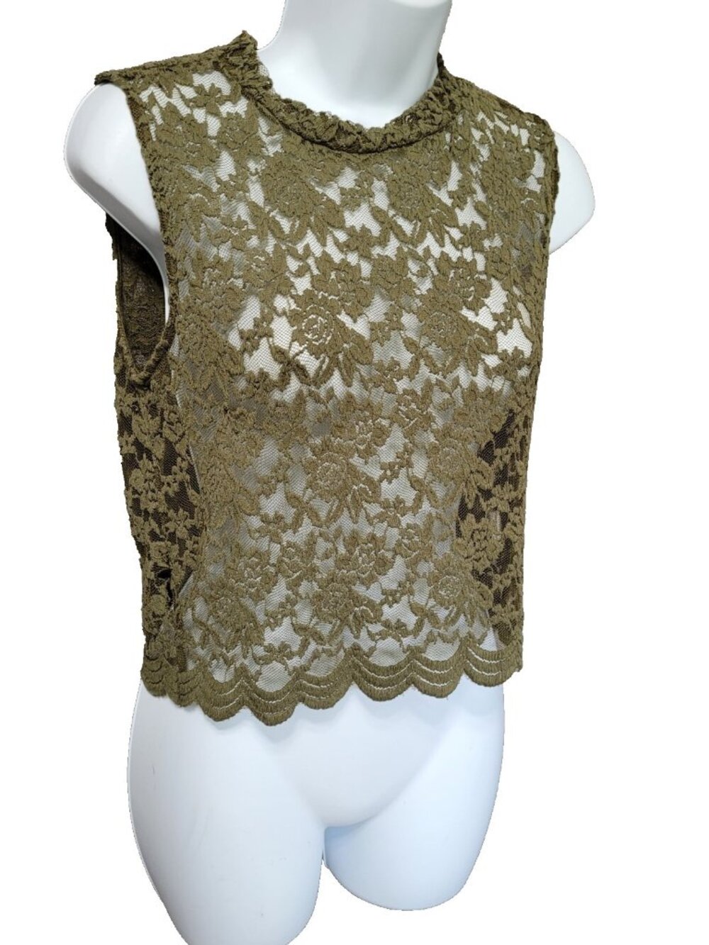 Vintage Y2K Womens Army Green Mesh Crop Top Sheer Lace Sleeveless S Fairy Earthy